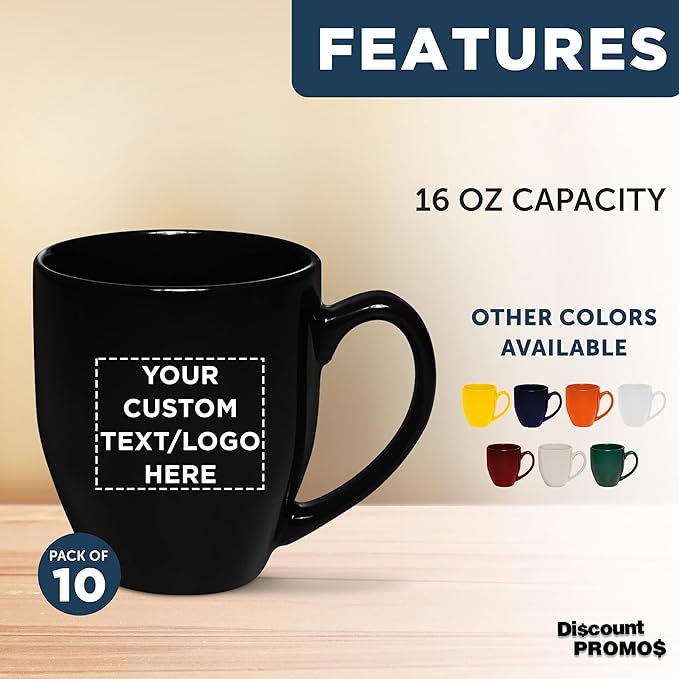 Custom Large Coffee Cups 16 oz. Set of 10, Personalized Bulk Pack - Perfect for Tea, Espresso, Cappuccino, Hot Cocoa - Black