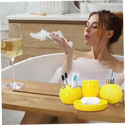 4Pcs/Set Yellow Bathroom Accessories Ceramic Vibrant Soap Dispenser with Toothbrush Holder & Soap Dish & Cup Complete Toothbrush Holder Set