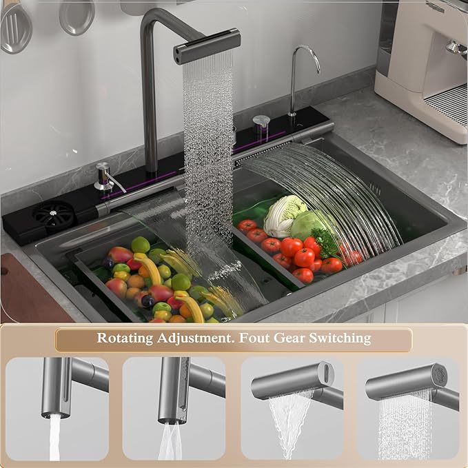 Double Waterfall Kitchen Sink 33 x 22 in 9 Gauge Stainless Steel Smart Kitchen Sink Digital Display Modern Sinks With Soap Dispenser Single Bowl Workstation Sinks