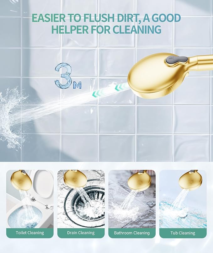 Filtered Shower Head with Handheld, High Pressure 9 Spray Mode Brushed Gold Showerhead with Filters, Detachable Shower Head, Water Softener Filters Beads for Hard Water - Remove Chlorine