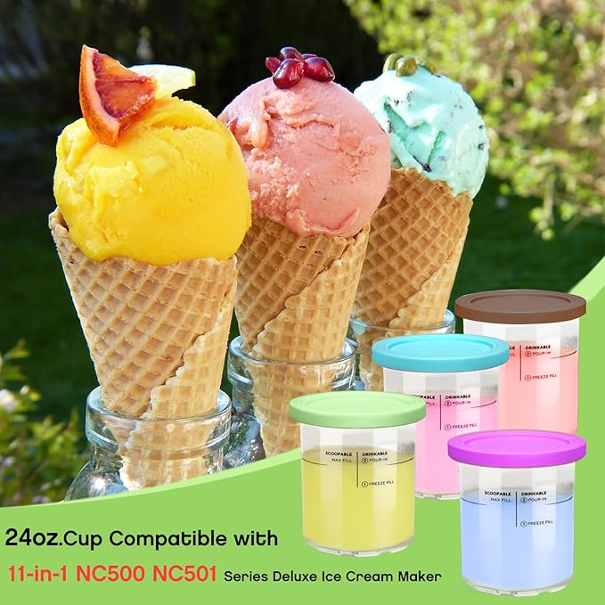 Replacement for Creami Deluxe Pints and Lids 4 Pack,Compatible with Ninja Creami 11-in-1 NC501 NC500 Series Deluxe Ice Cream Maker,24oz Deluxe XL Cups(Purple,Blue,Brown,Green)