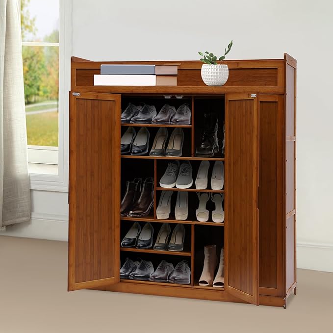 7 Tier Shoe Cabinet, 46 * 13 * 45.3in Entryway Shoe Storage Cabinet Large Bamboo Shoe Storage Cabinets Free Standing Shoes Rack with Doors for Entryway Living Room