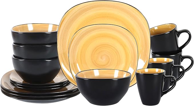Stoneware Square 16pc Dinnerware Set, Inside Spinwash Swirl Yellow + Outside Black