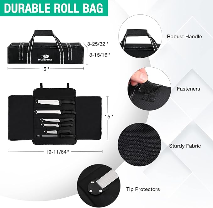 Mossy Oak Kitchen Knife Set, 6 PCS Chef Knives with Roll Bag, Sharp Stainless Steel Camping Knife for Cutting Meat, Fruits & Vegetables, Practical Gifts Knife Set for Women Men Cooking Lovers