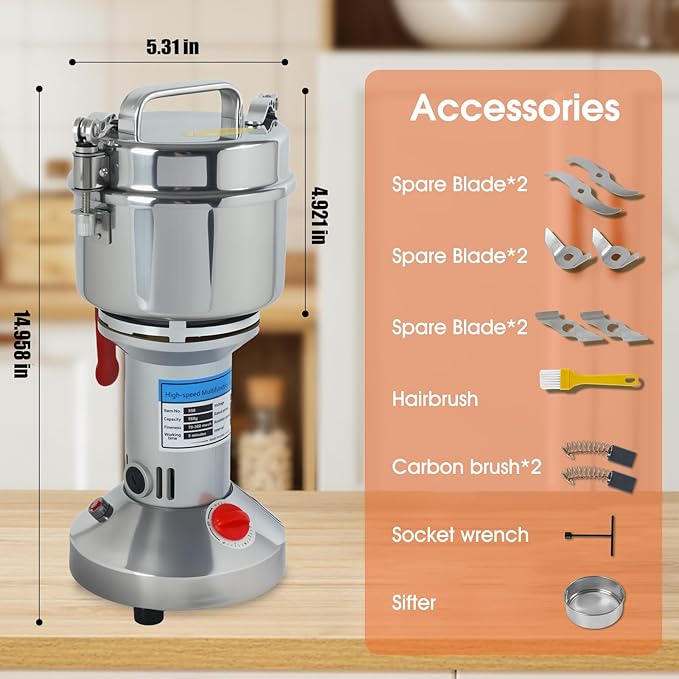 2000W Electric Grain Mill Grinder - 550g High-Speed Stainless Steel Dry Food Grinder for Coffee, Spices, Nuts & Herbs | 28000 RPM | 3 Blades | Commercial & Home Kitchen Use