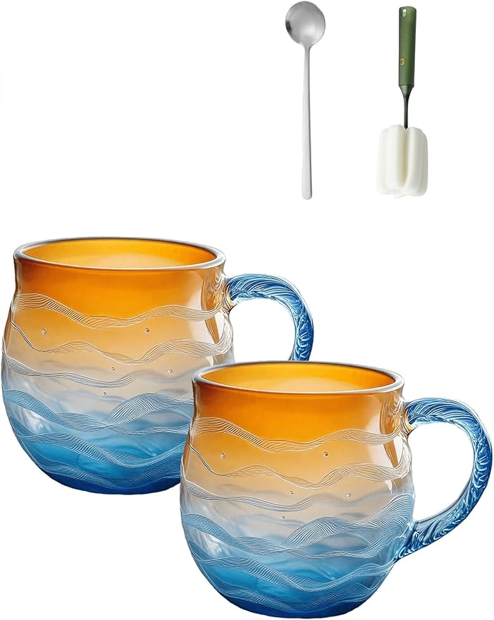 Golden Tide Mug,12 Oz/350ml Sea Glass Ocean Wave Mug,Handcrafted Oceans Frosted Wave Texture Sunset Cups with Handle,Gift for Ocean Lovers (2PCS)