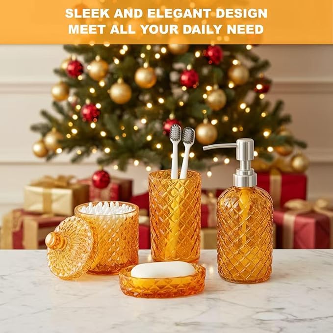 Orange Bathroom Accessorires Set, 4Pcs Clear Glass Bathroom Accessories, Burnt Orange Lotion Soap Dispenser, Toothbrush Holder Set, Soap Dish, Qtips Holder for Modern Vibrant Bathroom Decor