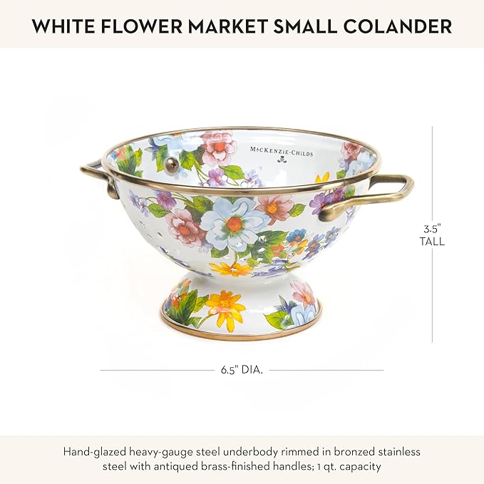 MACKENZIE-CHILDS Enamel Colander, Decorative Kitchen Strainer, Small, White Flower Market
