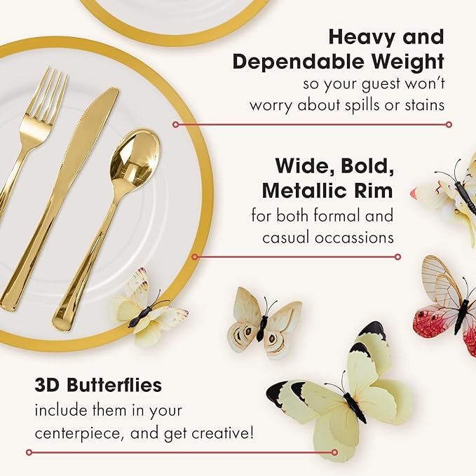 By Madee HEAVYWEIGHT Clear Plastic Plates With Gold Trim | Nice Disposable Plates and Cutlery Set | Includes Gift of Dazzling 3D butterflies for table Decor | 150mPcs for 25 Guests