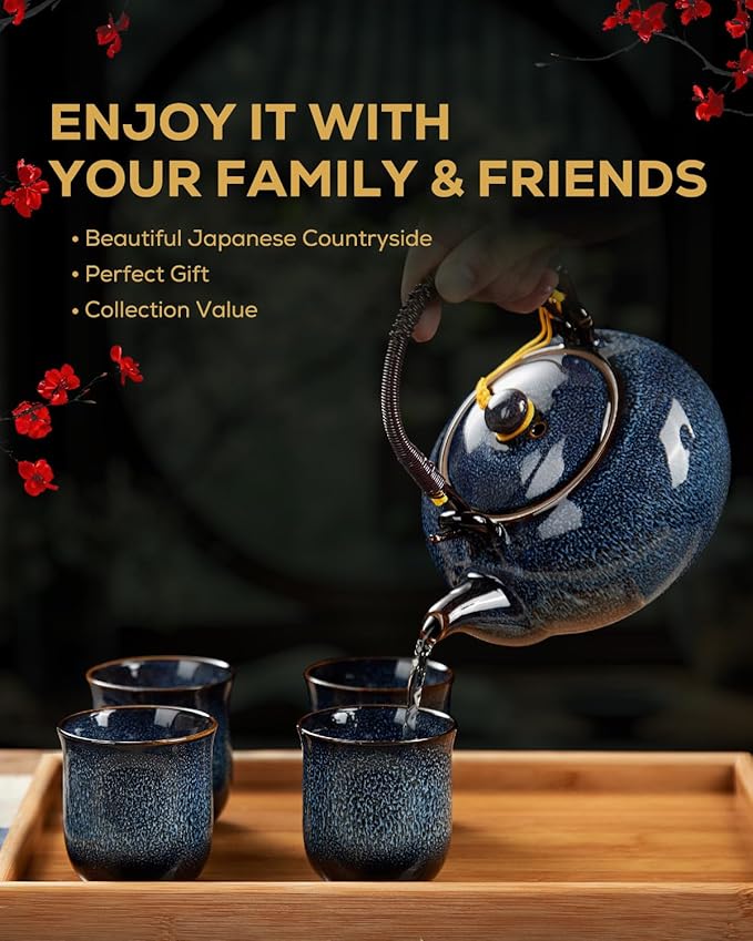 DUJUST Japanese Tea Set for 6, Kiln Altered Glaze Porcelain Tea Set with 1 Teapot, 6 Tea Cups & 1 Tea Tray, Unique Chinese Tea Sets for Adults/Tea Lovers/Women/Men, Blue