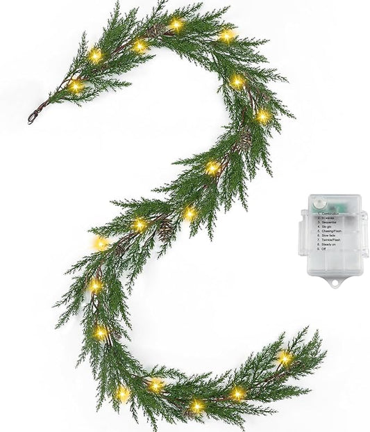 Artgar Christmas Cedar Garland, 6 Ft Realistic Pine Garland, Prelit Christmas Garland with 30 Warm Lights with 8 Light Modes for Mantels Stair Table Indoor Outdoor Winter Xmas Decor (Green)