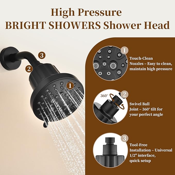 BRIGHT SHOWERS Filtered Shower Head, High Pressure Shower Filter for Hard Water to Remove Chlorine and Impurities, 8 Spray Modes Water Softener Showerhead for Hair and Skin Care, Matte Black