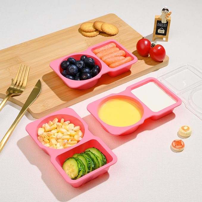 Double Compartment Snack Containers with Lids, 2 Compartment Condiment Container, Plastic Disposable Snack Pack Containers for Sauce, Salad, Food Storage Box(10PCS-Pink)
