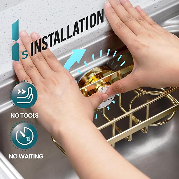 TAILI 4-in-1 Sponge Holder for Kitchen Sink with Strong Suction Cup Removable, Rustproof Aluminum Sink Caddy for Sponge, Brush, Scrubber, Scraper -Gold