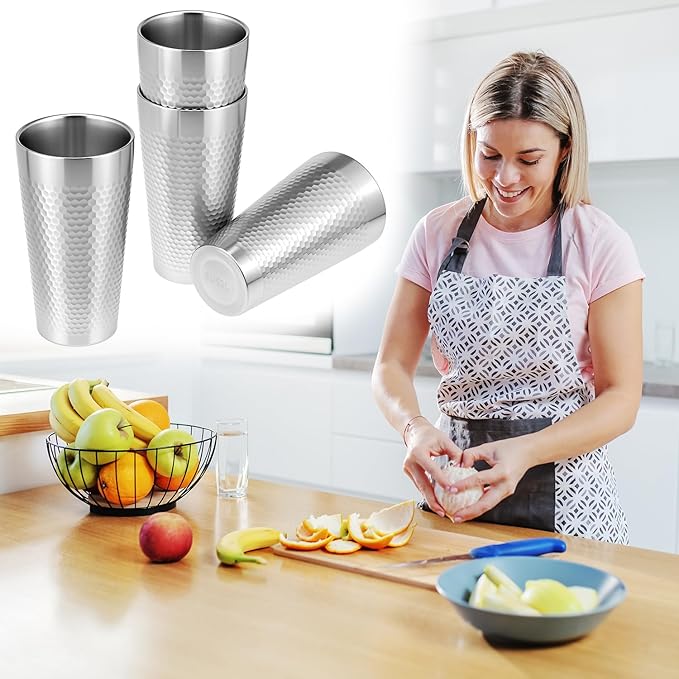 QWORK Stainless Steel Insulated Tumblers, 19 oz 4 Pack Stackable Water Tumblers, Double Wall Metal Cup, Diamond-Patterned