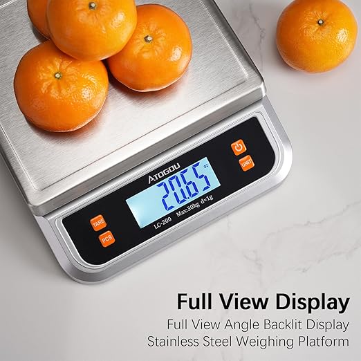 Atogou 88lb Food Scale, Commercial Kitchen Scale Plug-in Usable with Full View LCD Display, Stainless Steel, for Baking, Bread, Cooking, Meat, Vegetables, Farm, Industry LC200