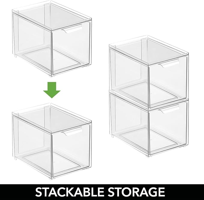 mDesign Kitchen Storage Drawer Box – Plastic Storage Box with Pull-Out Drawer – Pantry, Fridge and Cupboard Storage for Food and Snacks – Pack of 2 – Clear