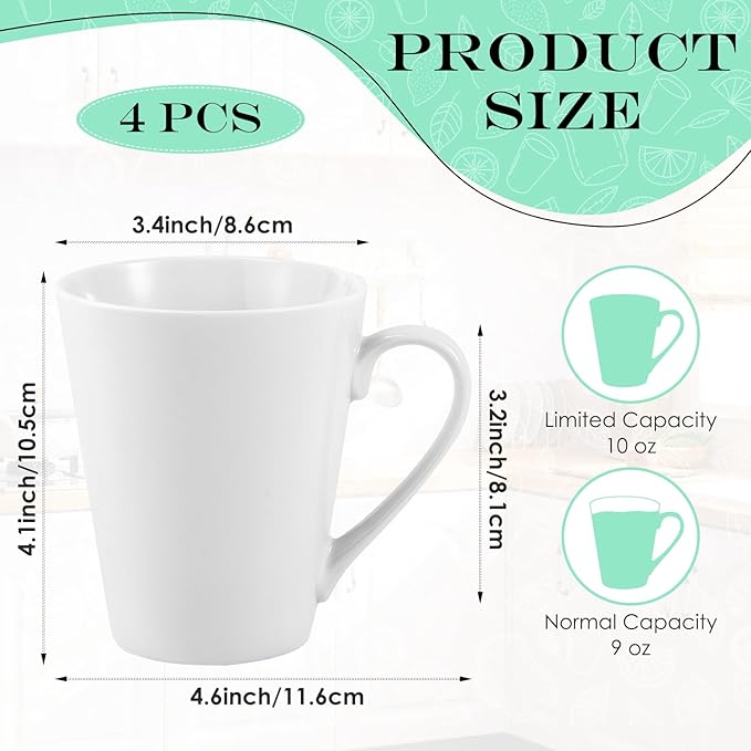 10 oz Coffee Mugs Set, 4 Pcs Plain White Ceramic Coffee Cups, Porcelain Mugs With Handle, V-Shaped Mug for Latte, Hot Cocoa, Tea, Cappuccino, Milk, Microwave & Dishwasher Safe