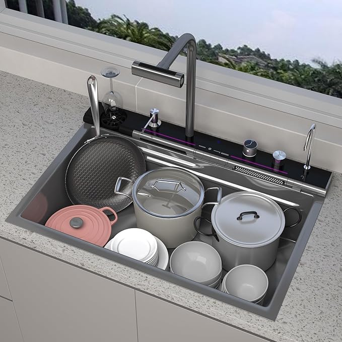 Double Waterfall Kitchen Sink 33 x 22 in 9 Gauge Stainless Steel Smart Kitchen Sink Digital Display Modern Sinks With Soap Dispenser Single Bowl Workstation Sinks