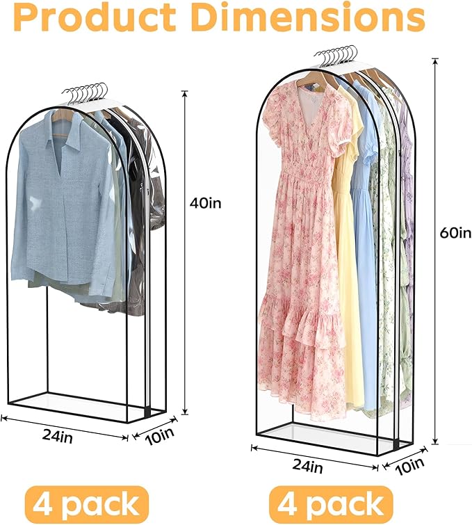 Garment Bags for Hanging Clothes, 8 Pack Clear Garment Bags Clothing Storage Bags with Zipper for Closet,Travel,Dust Proof Protection,for Dress Gowns,Coats, Suit, Down Jacket (40 & 60 inch)