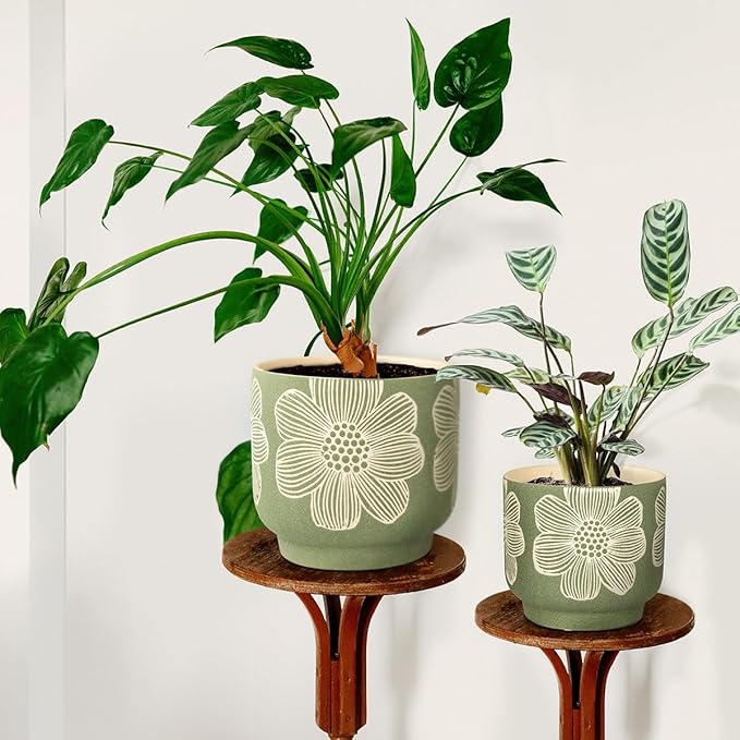 YBX 8 Inch + 6 Inch White Flower Pattern Plant Pots, Sand Glazed Ceramic Planter with Drainage Hole, Flower Pots for Indoor Plants, Tan & White