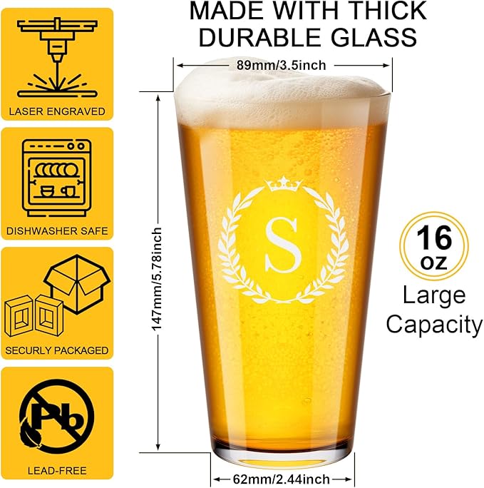 Personalized Beer Glasses Gifts for Men, 16 oz Pint Glasses Monogrammed A-Z Drinking Glass Cups Customized Gift, Unique Christmas Anniversary Birthday Gifts for Men Him Dad Brother Husband Grandpa (S)
