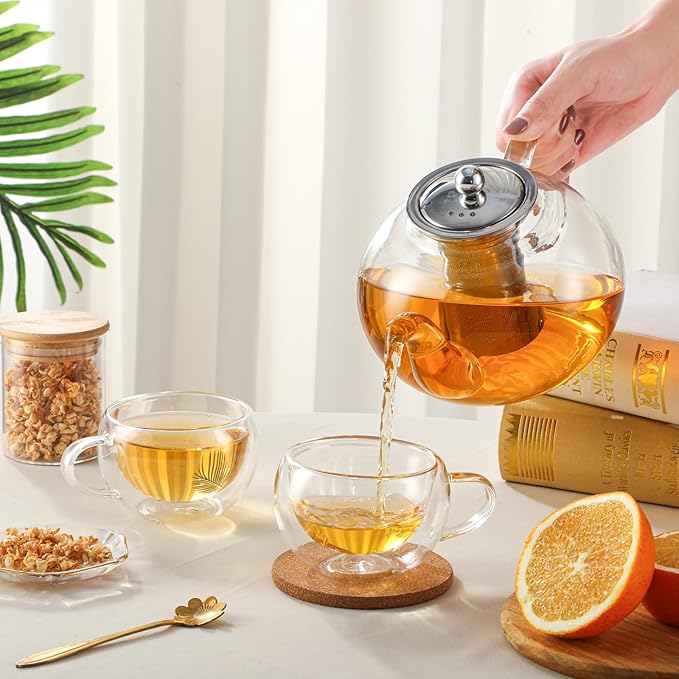 50OZ/1500ML Glass Teapot Set with 4 Double Wall Teacups & Removable Infuser, Stovetop & Microwave Safe Clear Tea Maker Water Kettle with 7OZ/200ML Tea Cups for Loose Leaf Blooming Tea