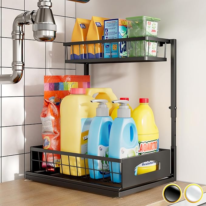 Under Sink Organizer and Storage, Height Adjustable Cabinet Organizer with Slide Out Drawer, Pull Out Under Sink Storage, Multi-Purpose 2 Tier Sink Shelves for Kitchen Bathroom Pantry (Black, 1 Pack)