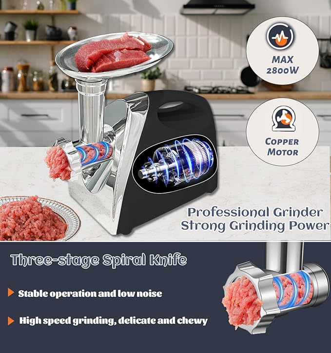 VNIMTI Electric Meat Grinder Mincer Machine,Heavy Duty Meat Grinders 2800W,Sausage Maker with Blade,3 Plates,Sausage Stuffer Tube and Kubbe Kit for Home Kitchen Use (2800W-Black)