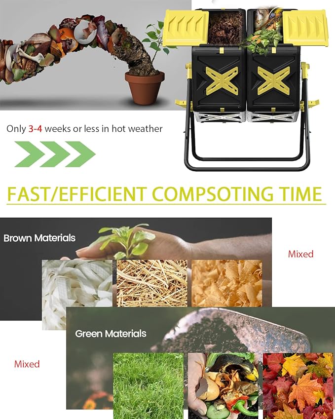 Compost Bin Outdoor - 2 X 18.5 Gal Dual Chamber Compost Tumbler,BPA Free Outdoor Rotating Composter with Easy-Turn, Fast-Working System