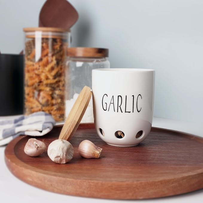 HAOTOP Ceramic Garlic Keeper for Counter, Garlic Saver Container with Wood Lid, Garlic Keeper for Kitchen, Garlic Holder to Keep Your Garlic Cloves Fresh Longer (White)