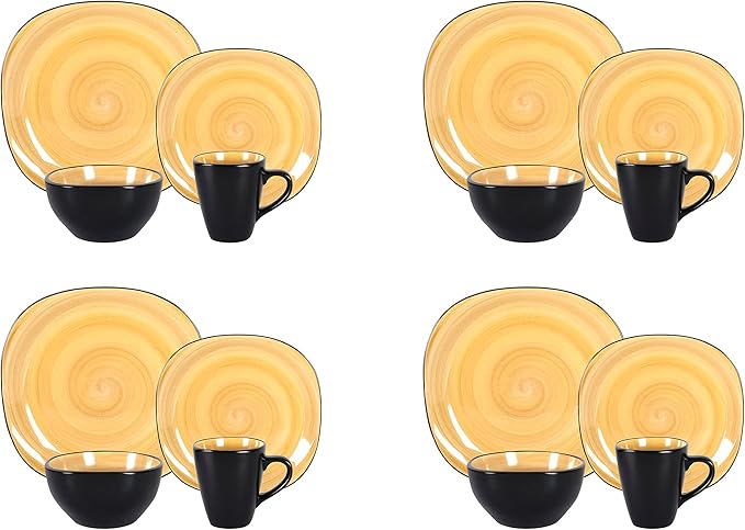 Stoneware Square 16pc Dinnerware Set, Inside Spinwash Swirl Yellow + Outside Black