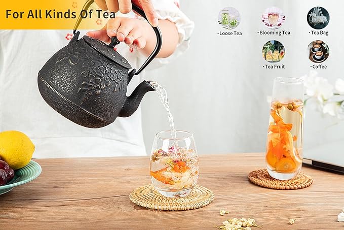 Tea Kettle, TOPTIER Japanese Cast Iron Teapot with Stainless Steel Infuser, Cast Iron Tea Kettle Stovetop Safe, Leaf Design Teapot Coated with Enameled Interior for 40 Ounce (1200 ml), Purple