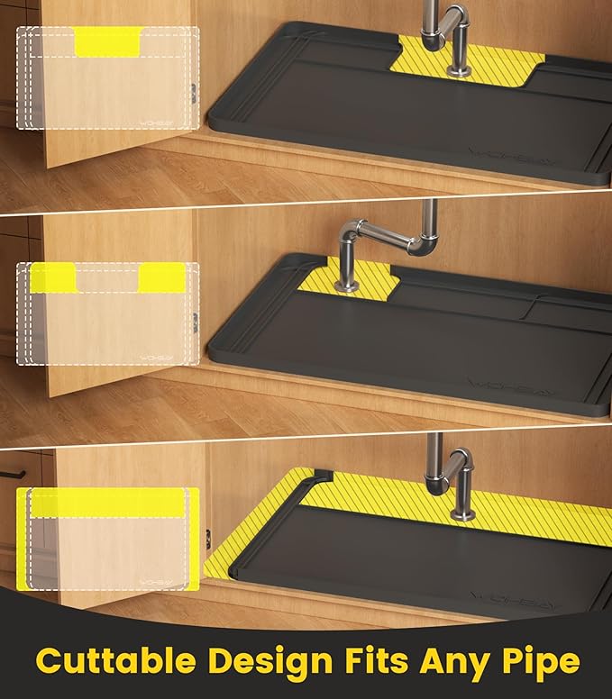 Under Sink Mats for Kitchen Waterproof, Cut to Fit Under Sink Drip Tray for Kitchen Bathroom Cabinets, Silicone Sink Liner Hold Up to 3.3 Gallons Liquid, 34" X 22" Or Smaller (Black, Large)