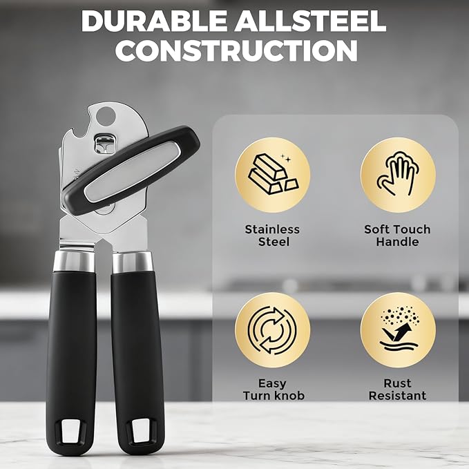Heavy Duty Smooth Edge Manual Can Opener, Easy Grip Soft Handle with Oversized Turn Knob, Rust-Proof Stainless Steel Kitchen Tool & Bottle Opener, Black