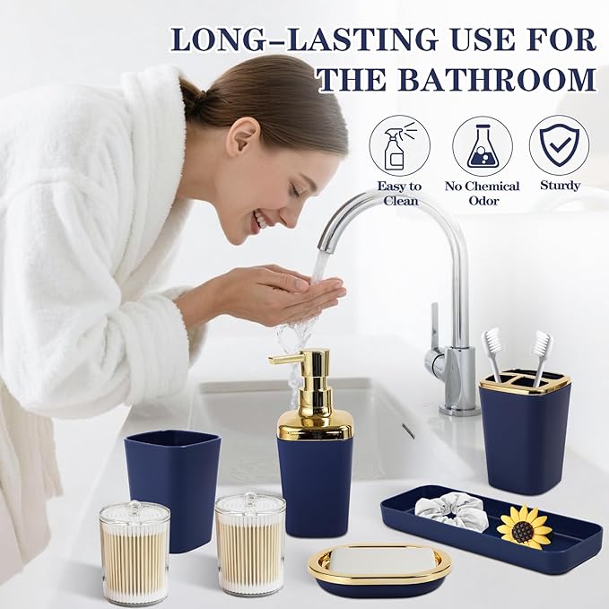 Navy Blue Bathroom Accessories, 24 Pieces Blue and Gold Bathroom Accessories Set with Shower Curtain, Bath Towels, Trash Can, Soap Dispenser and Soap Dish for Bathroom/Housewarming