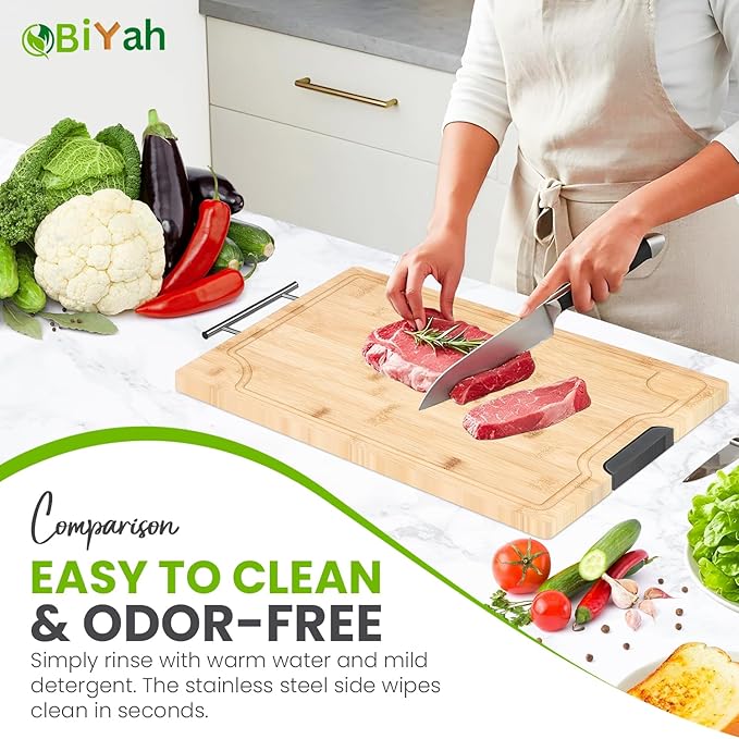 Premium 304 Stainless Steel Metal Cutting Board for Kitchen – 2 in 1 Bamboo and Steel Chopping Board for Kitchen with Juice Groove for Cutting Meat, Vegetables and Fruits - Easy Clean - 17.1”x12”