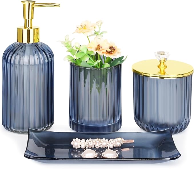 Haturi Bathroom Accessories Set, 4 Pcs Blue Glass Bathroom Accessories Sets Complete w/Lotion Soap Dispenser, Toothbrush Holder, Apothecary Jar, Vanity Tray, Bathroom Decor, Gift for Home Apartment