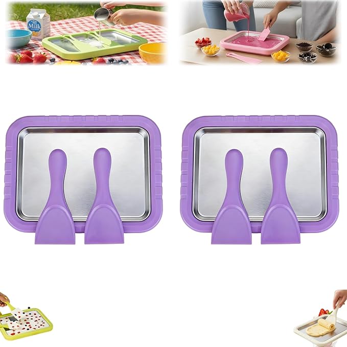 Rolled Ice Cream Maker Kit, New At-Home Stainless Steel Instant Freeze Plate with 2 Scrapers,DIY Rolled Ice Cream Tray Instant Ice Cream Maker (Purple-2PCS)