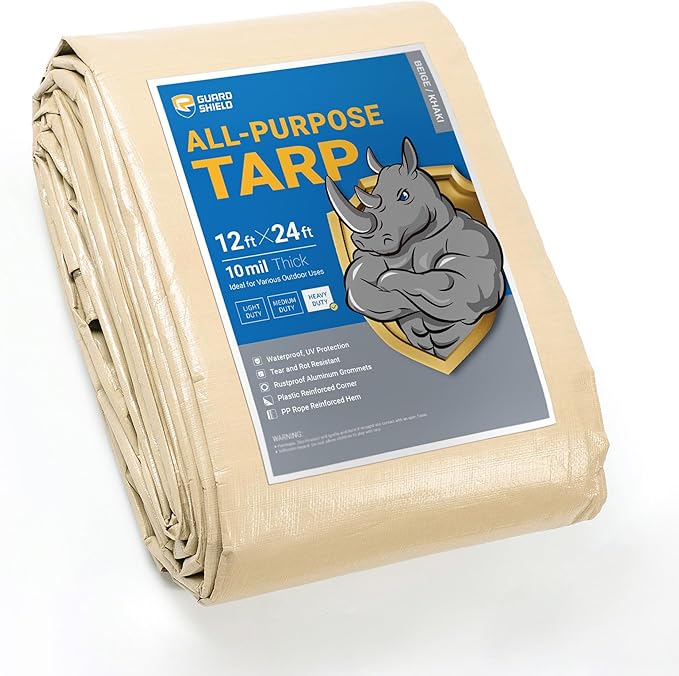 GUARD SHIELD Beige Tarp Heavy Duty Waterproof 12x24 Feet Outdoor Poly Tarps Cover Square Thick UV Resistant Canopy Tarpaulin with Grommets 10mil