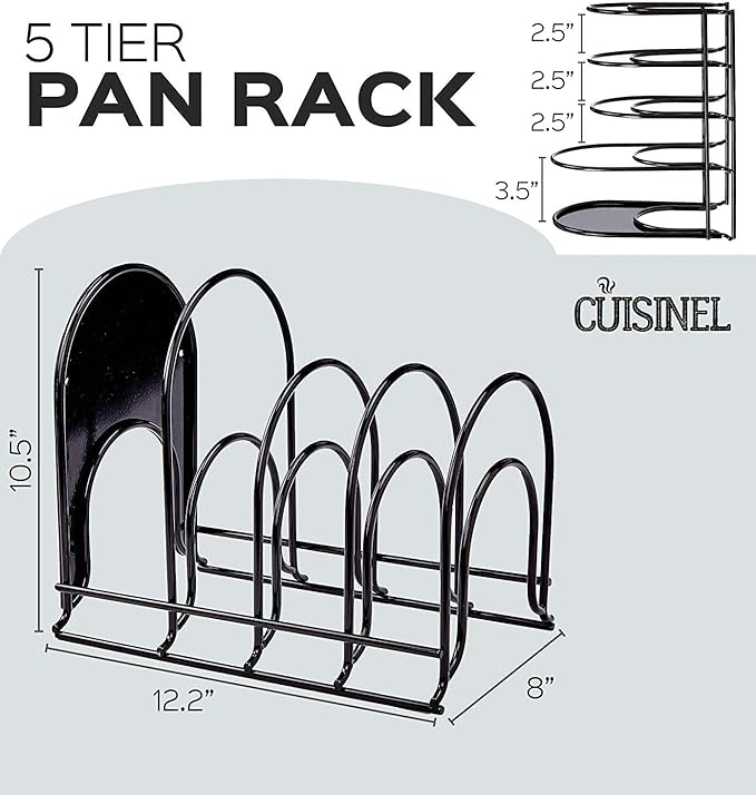 Cuisinel Heavy Duty Pots and Pans Organizer Rack - 12.2"-Inch Tall - 5 Tier Rack - Holds 50 LB - Cast Iron Skillets, Griddles, Shallow Cookware - Space Saving Kitchen Storage - No Assembly Required