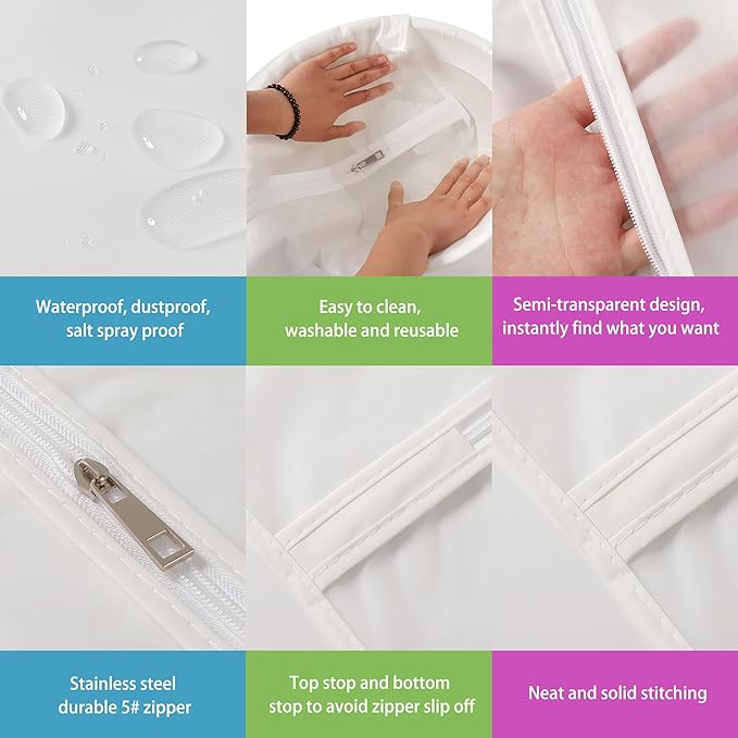Dust Proof Garment Bags 7 Piece Set - 31 Inch Translucent Garment Covers with Full-Length Zipper for Closet Clothes Storage and Travel. Bonus: 5 Natural Cedar Ball.