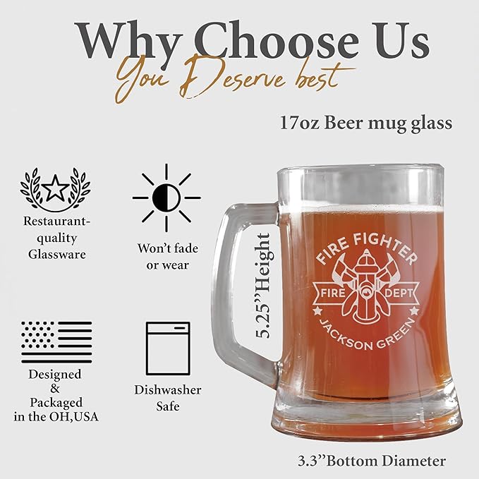 Personalized Firefighter Beer Mug, Custom Name and Text, Etched Fire Dept Beer Glass, 17oz Engraved Glassware, Fireman Gift, Home Bar, Firefighter Gifts for Men, Dad