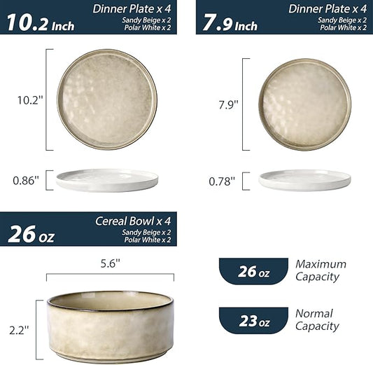 LIANYU Plates and Bowls Dinnerware Sets, 12 Piece Stoneware Dishware Set for 4, Dish Tableware Sets Includes Dinner Salad Plates Cereal Bowls, Chip & Scratch Resistant, Polar White & Sandy Beige