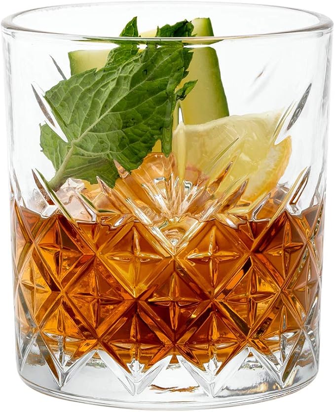 Restaurantware Timeless 12 Ounce Old Fashioned Glasses Set of 6 Etched Whiskey Glasses - Dishwasher-Safe Chip-Resistant Clear Glass Old Fashioned Glassware Lead-Free For Cocktails Or Beverages