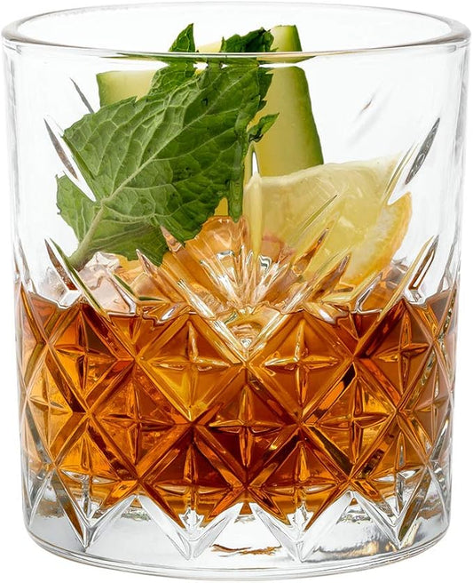 Restaurantware Timeless 12 Ounce Old Fashioned Glasses Set of 6 Etched Whiskey Glasses - Dishwasher-Safe Chip-Resistant Clear Glass Old Fashioned Glassware Lead-Free For Cocktails Or Beverages