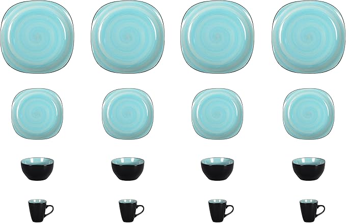 Stoneware Square 16pc Dinnerware Set, Inside Spinwaseh Swirl Turquoise + Outside Black