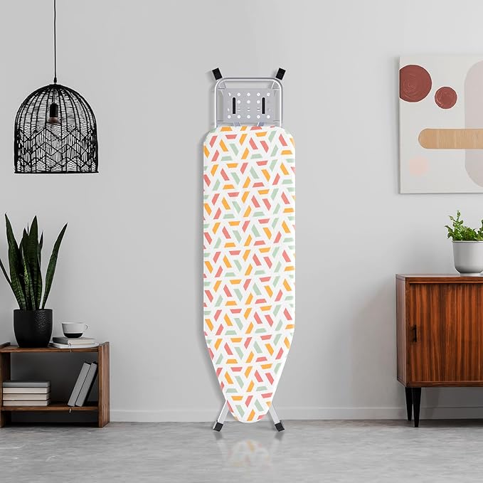 Ironing Board, Heat Resistant Cover Iron Board with Steam Rest, Non-Slip Foldable Ironing Stand. Heavy Sturdy Metal Frame Legs Iron Stand(13 * 34 * 53 Inches) (Geometric White)