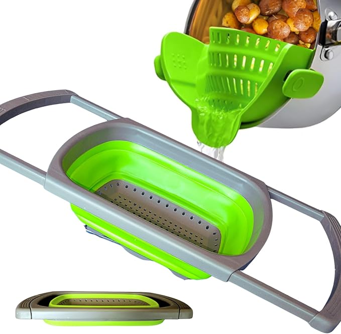 Collapsible Colander | Over the sink silicone kitchen strainer and collander with extendable handle | Clip-on silicone strainers for pots and pans|