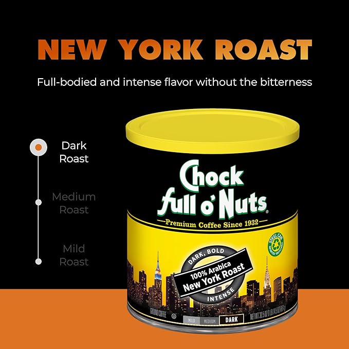 Chock Full o’Nuts New York Roast, Dark Roast Ground Coffee – Gourmet Arabica Coffee Beans – Bold, Full-Bodied and Intense Coffee (30.5 Oz. Can)